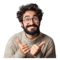 AI generated Young handsome man with beard wearing casual sweater and glasses fingers to camera with happy and funny face png