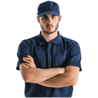 AI generated Professional delivery guy employee man wears dark blue cap t-shirt uniform work wear work as courier png