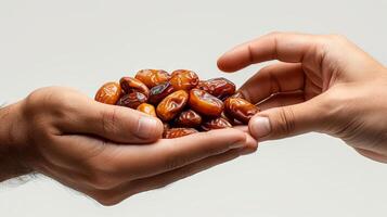 AI generated Hands of man and woman holding dates on a white background. photo