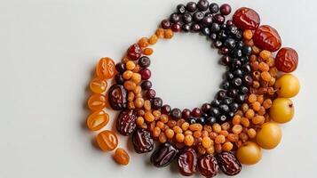 AI generated Mix of dried fruits and berries on white background. Top view. Arabic islamic food. photo
