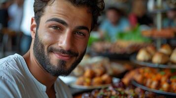 ai generado retrato de un sonriente joven Arábica hombre mirando a cámara en un restaurante foto