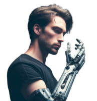 A man with a prosthetic arm an AI powered mechanical arm the concept of producing prosthetic arms for amputees png