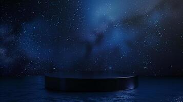 AI generated An empty black podium against the backdrop of dark blue stars outer space. for product display, Blank showcase, mock up template or cosmetic presentation photo