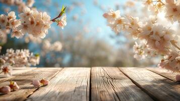 AI generated Spring Flowers Arranged on a Wooden Table and in a Garden, Featuring white Cherry Blossoms and Vibrant Blooms photo