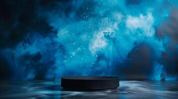 AI generated An empty black podium against the backdrop of dark blue stars outer space. for product display, Blank showcase, mock up template or cosmetic presentation photo