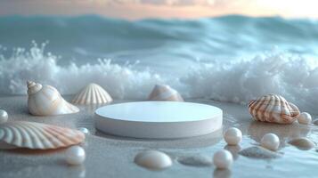 ai generado vacío blanco podio producto presentación en verano playa antecedentes con perlas y conchas representar mínimo y lujo foto