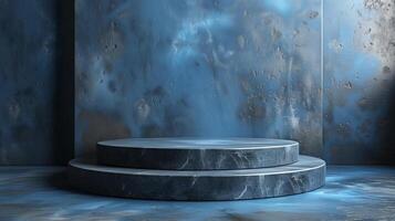 AI generated empty blue marble podium on grunge blue cement room with natural light for product presentation photo