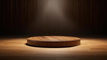 AI generated Wooden podium on minimal wooden room background. Represent minimal, old money and quiet luxury. Geometry exhibition stage mockup concept photo