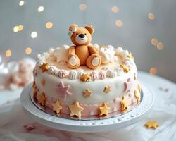 ai generado cumpleaños pastel con osito de peluche oso y estrellas en un ligero antecedentes foto