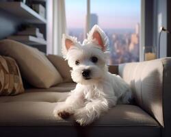 AI generated West highland white terrier puppy sitting on sofa in living room photo