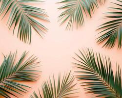 AI generated Tropical palm leaves on pink background. Flat lay, top view minimal summer concept. photo