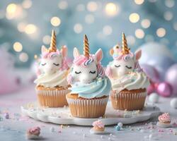 AI generated Cupcakes with unicorn and sprinkles on bokeh background photo