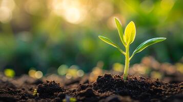 AI generated a seedling breaking through the soil, its tender green shoot reaching towards the sunlight photo