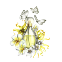 A perfume bottle made of transparent glass with flowers of plumeria, frangipani, orange blossom and ylang-ylang. Vintage yellow perfume with butterflies. Hand-drawn watercolor illustration. png