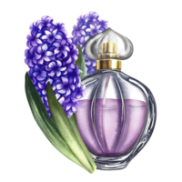 A perfume bottle made of transparent glass with hyacinth flowers. Vintage purple perfume. A hand-drawn watercolor illustration. Isolate her. For packaging, postcards and labels. For banners, flyers. png