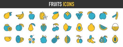 Fruits icon set. Containing apple, banana, strawberry, cherry, lemon, coconut, peach, watermelon, raspberry, pineapple, orange juice and more. icons vector illustration.