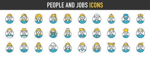 personas y trabajos profesiones íconos colocar. ocupaciones, trabajadores, abogado, cocinero, doctor, desarrollador, científico, agricultor, emprendedor. aislado vector ilustraciones icono.