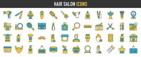Hair salon icons. Such as barber, cut, dryer, cream, chair, scissor, comb, razor, hair dye icon set vector illustration.