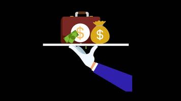 a person holding a tray with money briefcase concept animation with alpha channel video