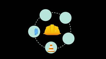 a yellow hard hat surrounded by construction tools concept animation with alpha channel video