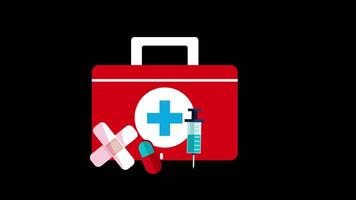 A medical kit with bandages, syringes, pills and other medical supplies for emergency medical treatment concept animation with alpha channel video