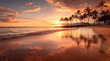 AI generated A breathtaking sunset view at a tropical beach, with waves gently lapping at the shore and palm trees reflecting on the wet sand. Generative AI photo