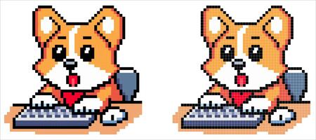 pixel art vector icon with a corgi dog typing on a computer with a surprised look on a white background