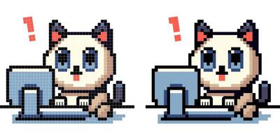 vector pixel art icon with Siamese cat typing on a computer with a surprised face on a white background