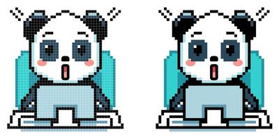 Pixel art vector icon with panda typing on computer with surprised look on white background