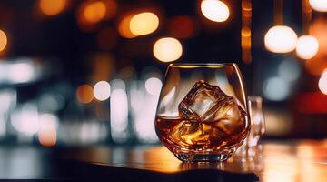 AI generated Close up a single glass drink on the rock, whiskey shot with big ice cube, clear brown color alcohol whisky drink, bokeh blurred background photo