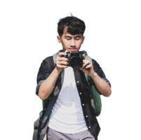 Young man traveler takes images with dslr digital camera isolated on transparent background. png