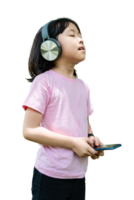 Child girl with headphones listening music isolated on transparent background. PNG File Format.