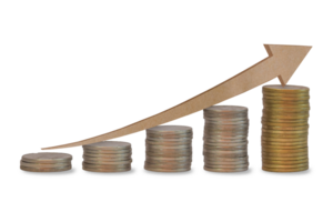 Growth chart of coins stack isolated on transparent background. PNG File