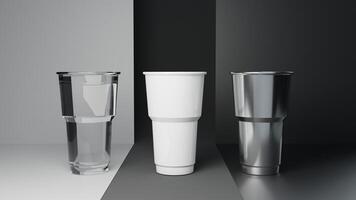 3d representación de un conjunto de el plastico tazas en un diferente antecedentes foto