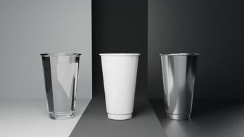 3d hacer de un conjunto de desechable vaso en negro y blanco foto