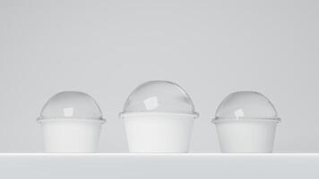 desechable hielo crema taza con burbuja convexo tapa y Bebiendo paja. 3d hacer aislado en blanco antecedentes foto