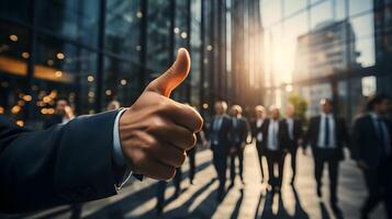 ai generado el masculino empresario con confianza elevado su pulgar a reconocer el impresionante trabajo en equipo. foto