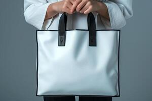 AI generated woman Hand holding a White Polyester square tote bag for mockup . AI generated image photo