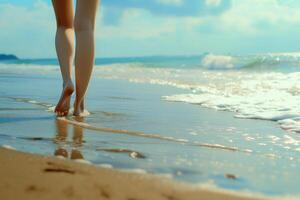 AI generated Women's legs on the beach near the sea. Travel concept. AI generated, human enhanced photo