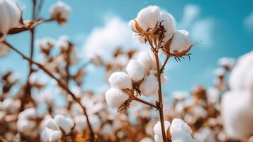 AI generated Wallpaper Cotton plantations. Cotton background. Gentle colors. Realism. Horizontal format. Copy space. photo