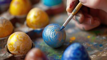 AI generated The process of painting eggs for Easter with a brush. On a wooden table. Copy space. 5 May. photo
