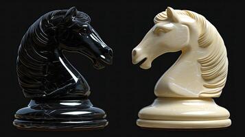 AI generated Two chess knights, white and black, made of stone. Horizontal format. photo