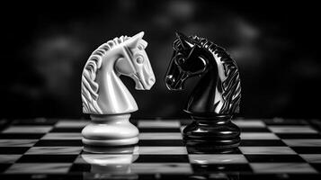 AI generated Two chess knights, white and black, stand on a chessboard. Horizontal format. photo