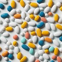 AI generated Background of white yellow and blue medical pills scattered on the table. Macro photography. Square wallpaper. photo