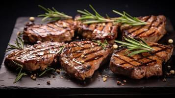 AI generated Six steaks with rosemary and spices on a dark table. Macro photography. Horizontal format. photo