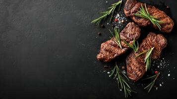 AI generated Three steaks with rosemary and spices on a dark table. Copy space. View from above. Macro photography. Horizontal format. photo