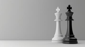 AI generated Chess two kings black and white stand on a white table and background. Sport game. Copy space. Horizontal format. photo