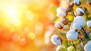 AI generated Cotton branches. Bright blurred background rays of the sun. Copy space. Horizontal format. photo