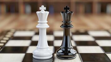 ai generado ajedrez dos reyes negro y blanco estar en un tablero de ajedrez. deporte juego. macro fotografía. horizontal formato. foto
