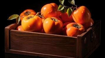 AI generated Persimmon fruits in a wooden box. Transportation of fruits. Macro photography. Horizontal format. photo